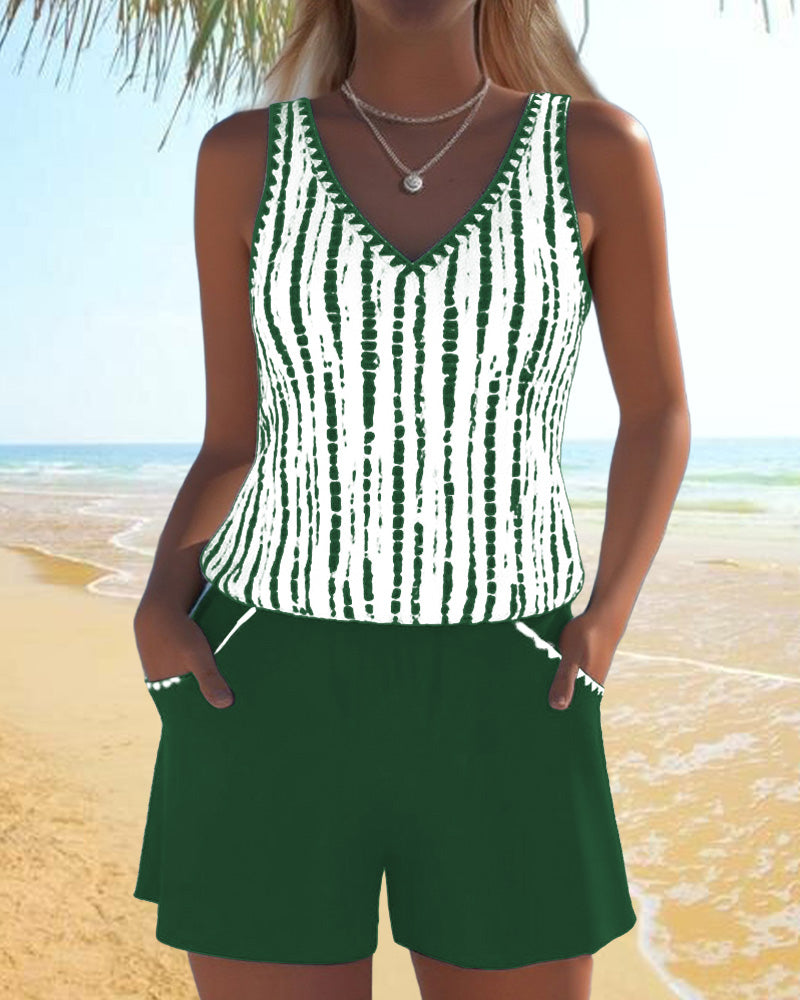 Ensemble Tankini à Rayures avec Poche V-Cou pour Femmes, Short Uni, Plage, Piscine, Vacances, Resort, Décontracté, Été, Actif – Nautica