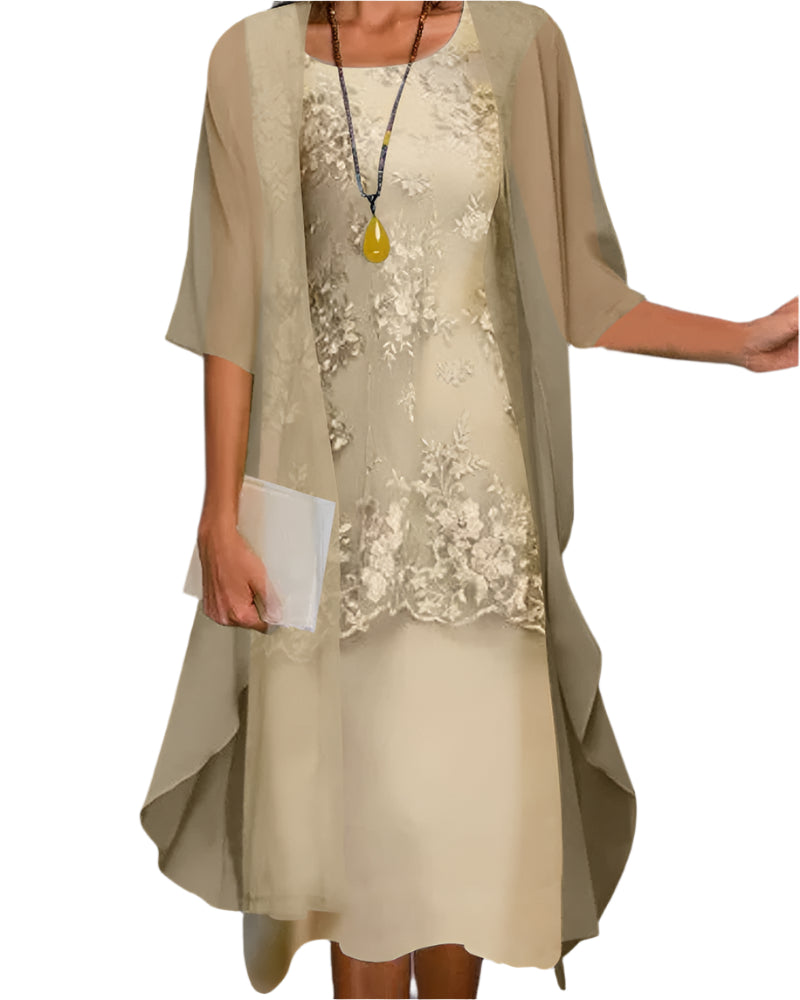 Robe Midi pour Invitées de Mariage Femme Manches Fluides Transparentes Silhouette Superposée Élégante Formelle
