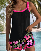 Ensemble de Tankini Femme à Deux Pièces Imprimé Floral avec Short Dos Nu pour Plage, Vacances, Piscine, Été, Station Balnéaire – Soleil