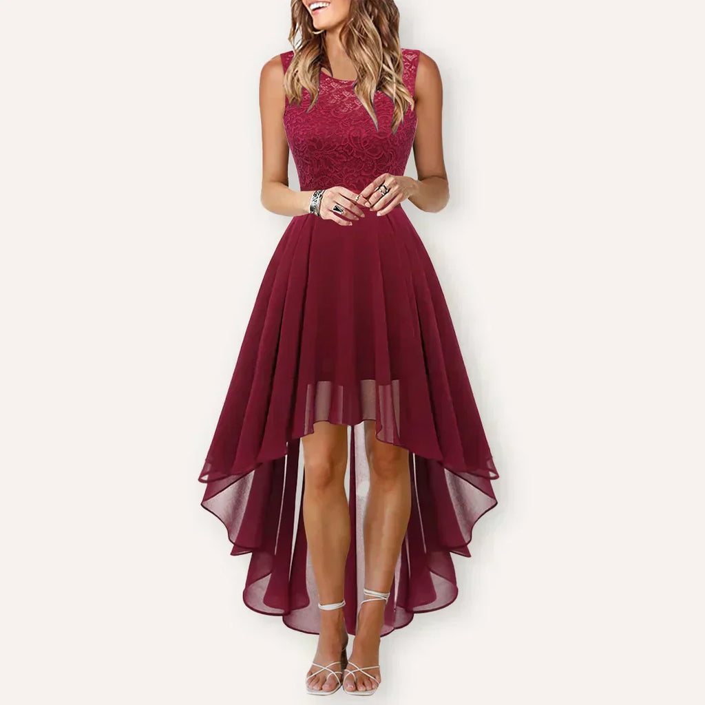Robe de Mariage Formelle Femme Hi-Low Midi Sans Manches Fluide Élégante