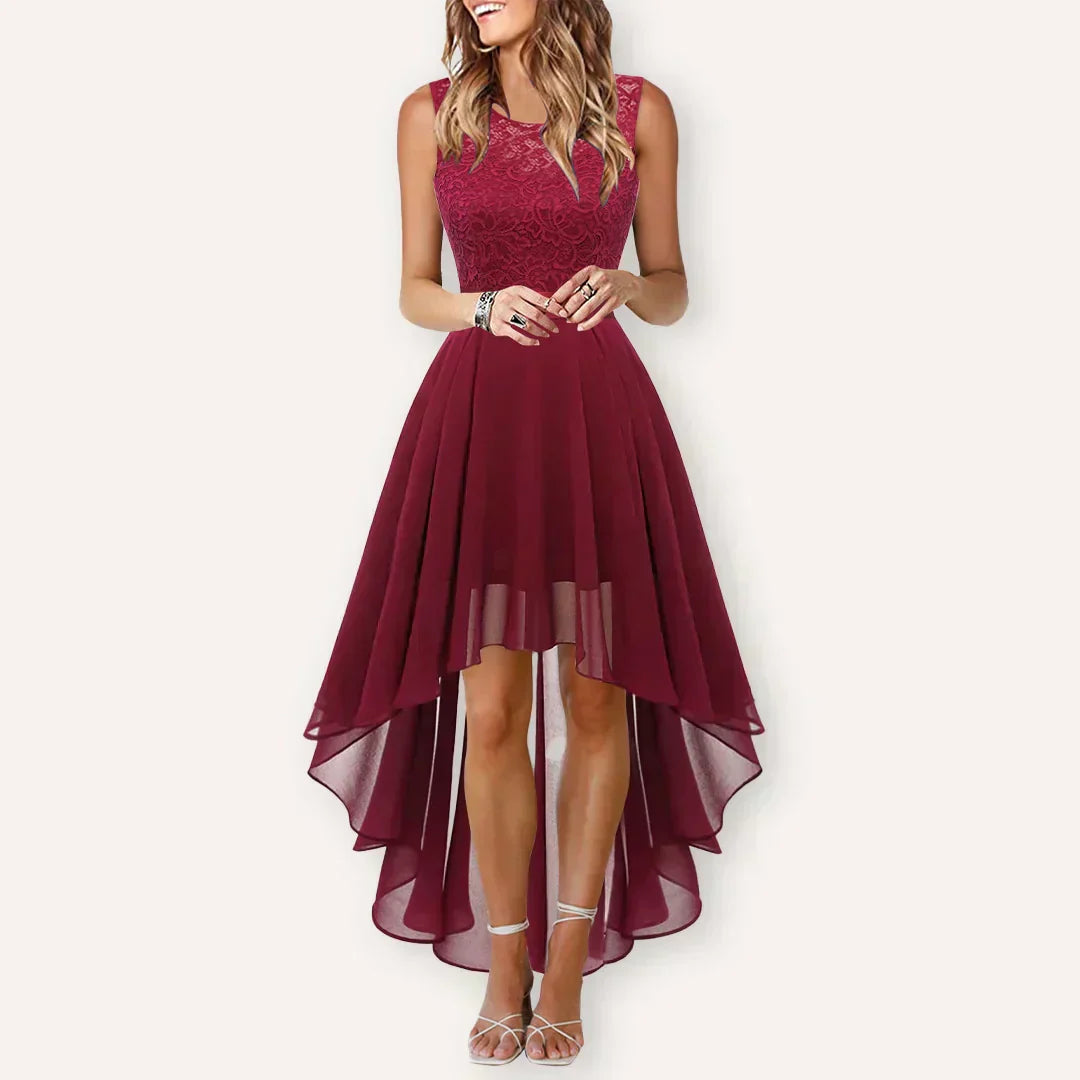 Robe de Mariage Formelle Femme Hi-Low Midi Sans Manches Fluide Élégante