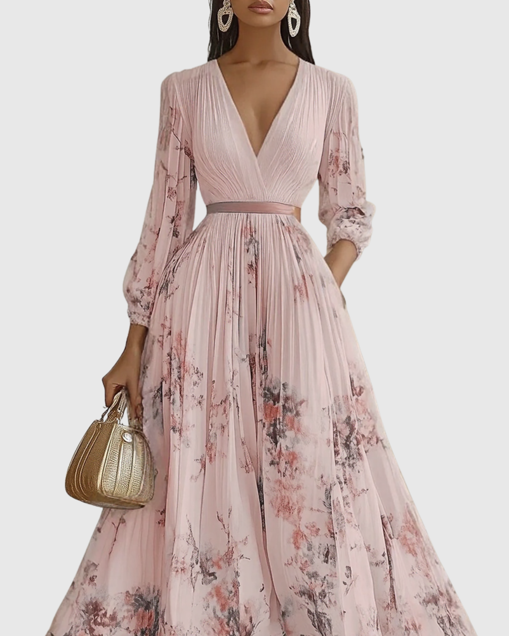 Robe Longue Plissée Florale Élégante pour Femme, Col V, Manches Longues, Taille Ruban, Formelle et Décontractée – Rowella