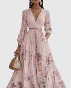 Robe Longue Plissée Florale Élégante pour Femme, Col V, Manches Longues, Taille Ruban, Formelle et Décontractée – Rowella