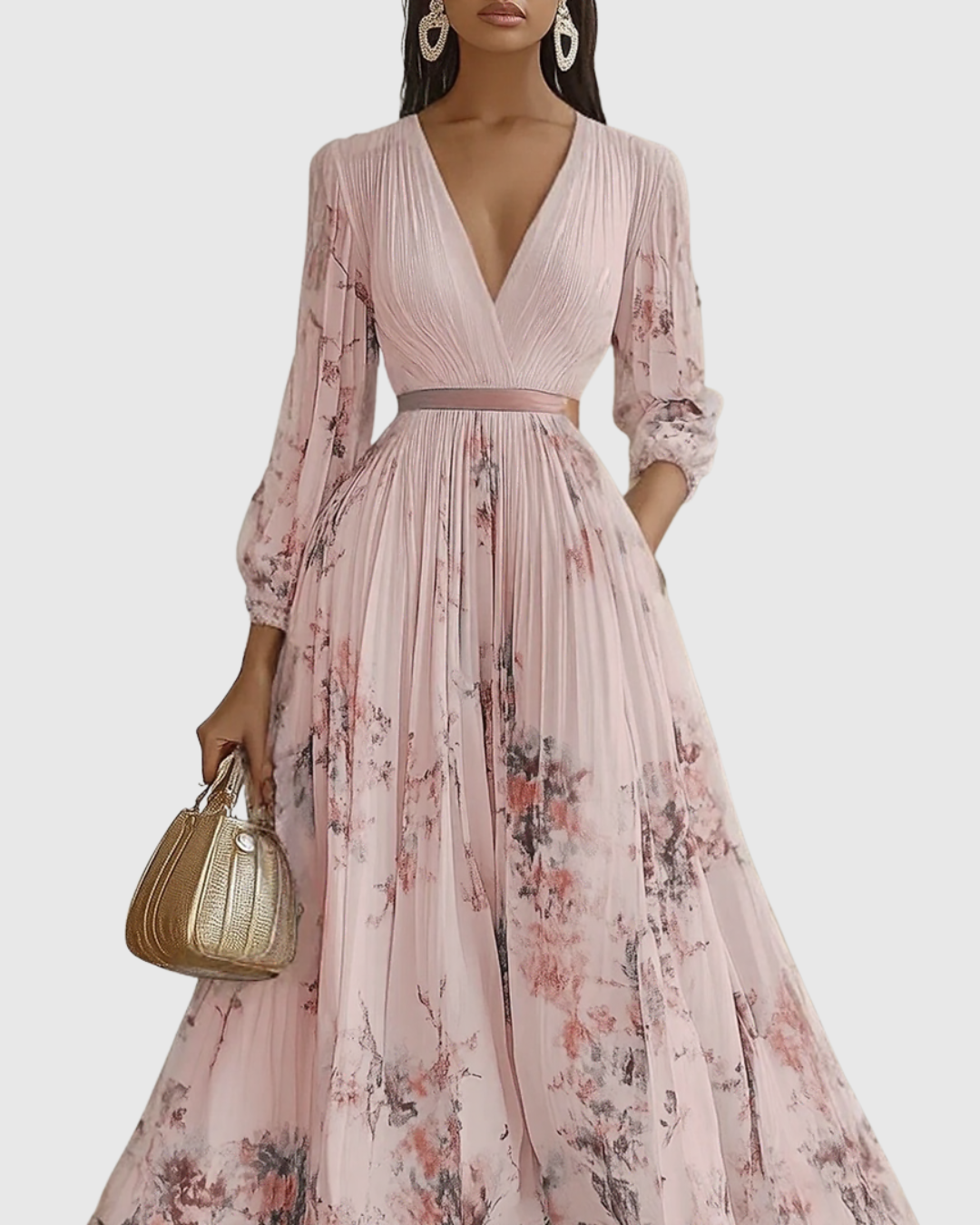 Robe Longue Plissée Florale Élégante pour Femme, Col V, Manches Longues, Taille Ruban, Formelle et Décontractée – Rowella