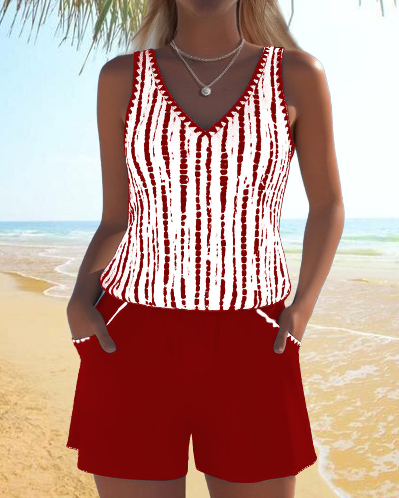 Ensemble Tankini à Rayures avec Poche V-Cou pour Femmes, Short Uni, Plage, Piscine, Vacances, Resort, Décontracté, Été, Actif – Nautica