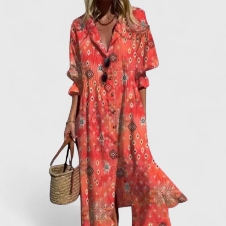 Robe Midi Été Élégante Boho Florale pour Femmes Imprimé Audacieux Sans Manches Fluide Décontractée – Paula