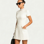 Robe Femme Mini Manches Courtes Col Rond Détails en Perles Poches Fonctionnelles Silhouette Ajustée Smart Formelle Cocktail Soirée Bureau Quotidien – Perléa