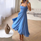 Robe de Soirée Formelle Midi pour Femme Invité de Mariage Décolleté Carré Corsage Ajusté Jupe Fluide Élégante