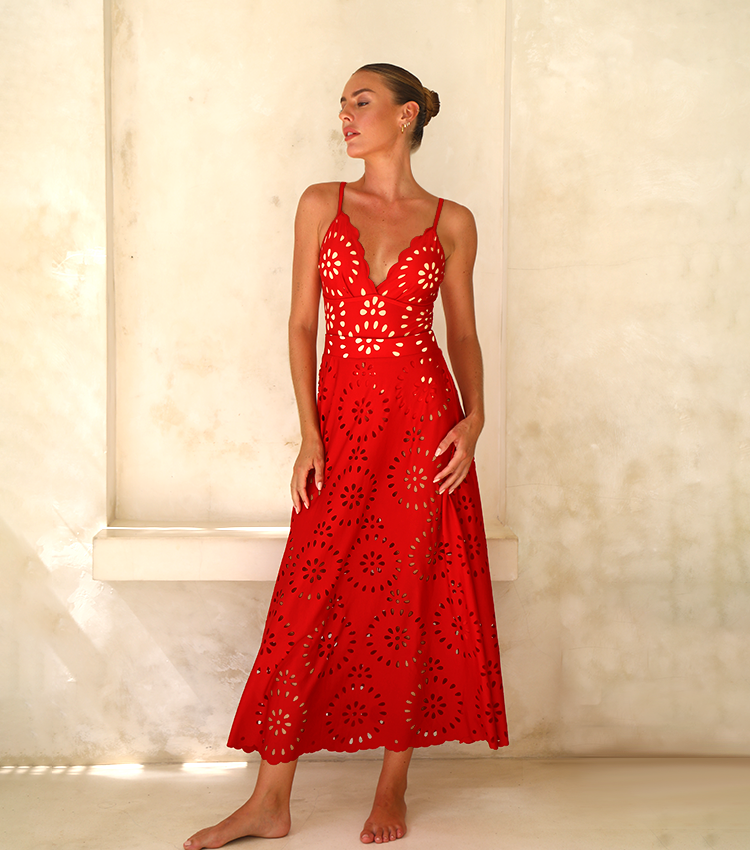 Maillot de Bain Une Pièce Floral Avec Découpes Et Ensemble Jupe Longue V-cou Pour Vacances à La Plage, Fête Au Bord De la Piscine, Été – Rouge