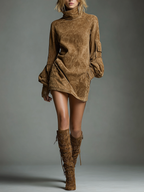 Robe Mini Vintage en Daim pour Femme à Col Roulé à Manches Longues, Coupe Ample, Décontractée, Rétro – Marron