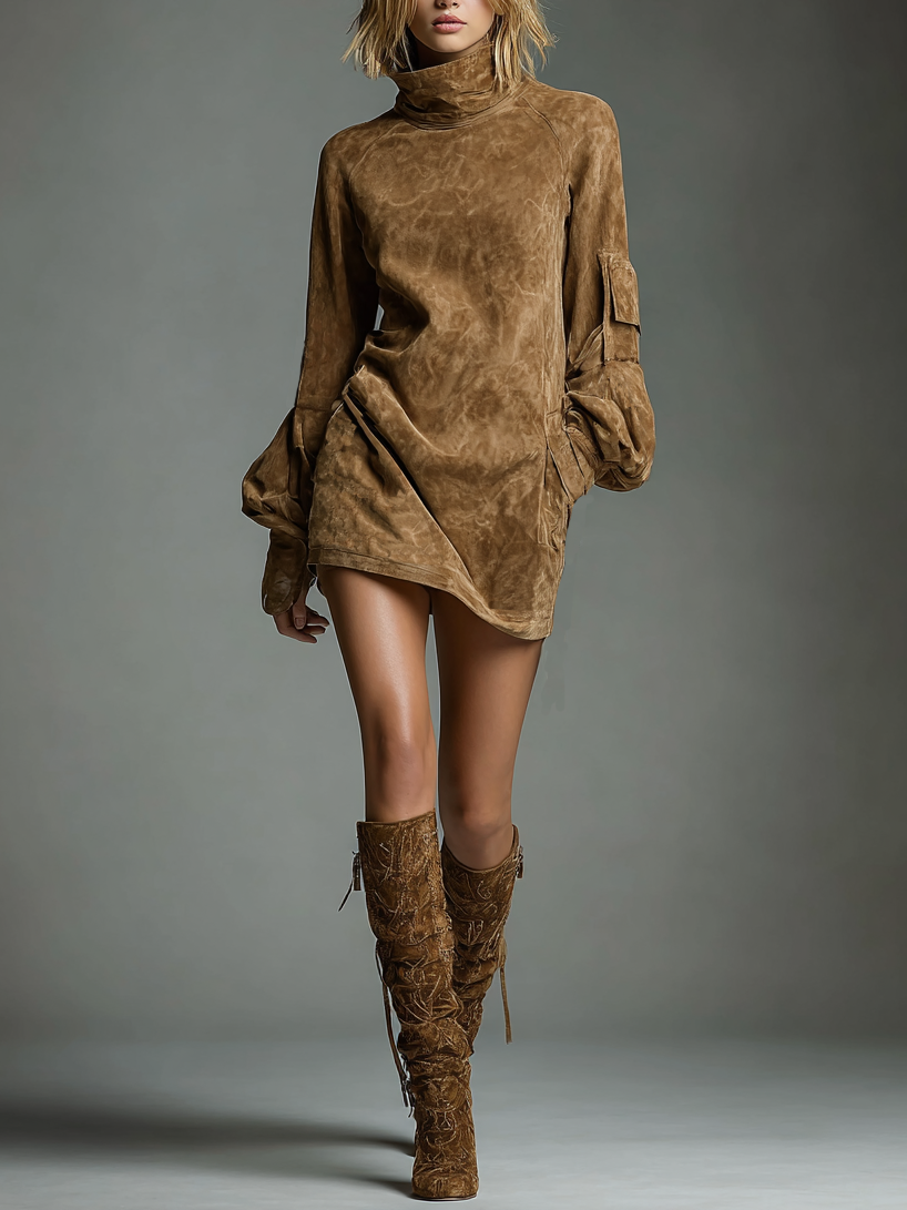 Robe Mini Vintage en Daim pour Femme à Col Roulé à Manches Longues, Coupe Ample, Décontractée, Rétro – Marron