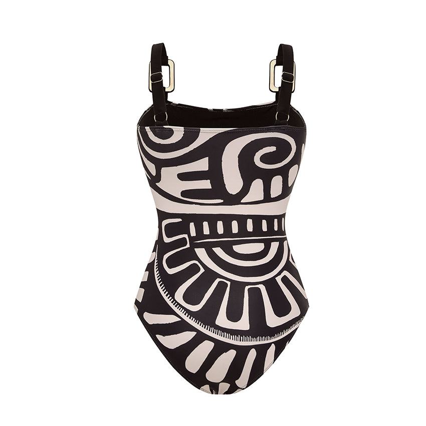 Maillot de bain une pièce à imprimé tribal pour femmes & ensemble jupe longue à bretelles réglables – Noir & Blanc
