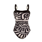 Maillot de bain une pièce à imprimé tribal pour femmes & ensemble jupe longue à bretelles réglables – Noir & Blanc