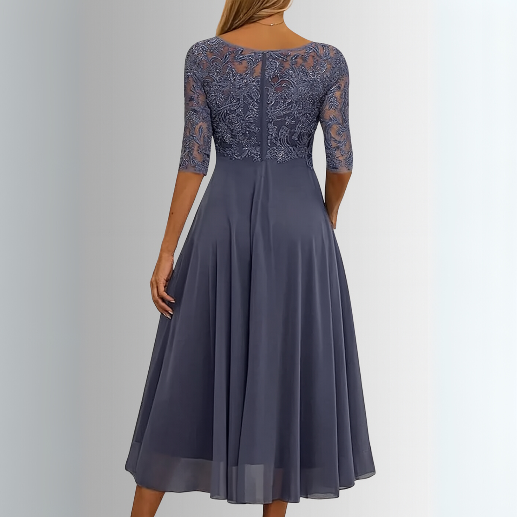 Robe Femme Midi Élégante en Dentelle Manches 3/4 Jupe Mousseline Superposée Formelle Mariage Invitée Mère de la Mariée Cocktail Cérémonie – Rhonda