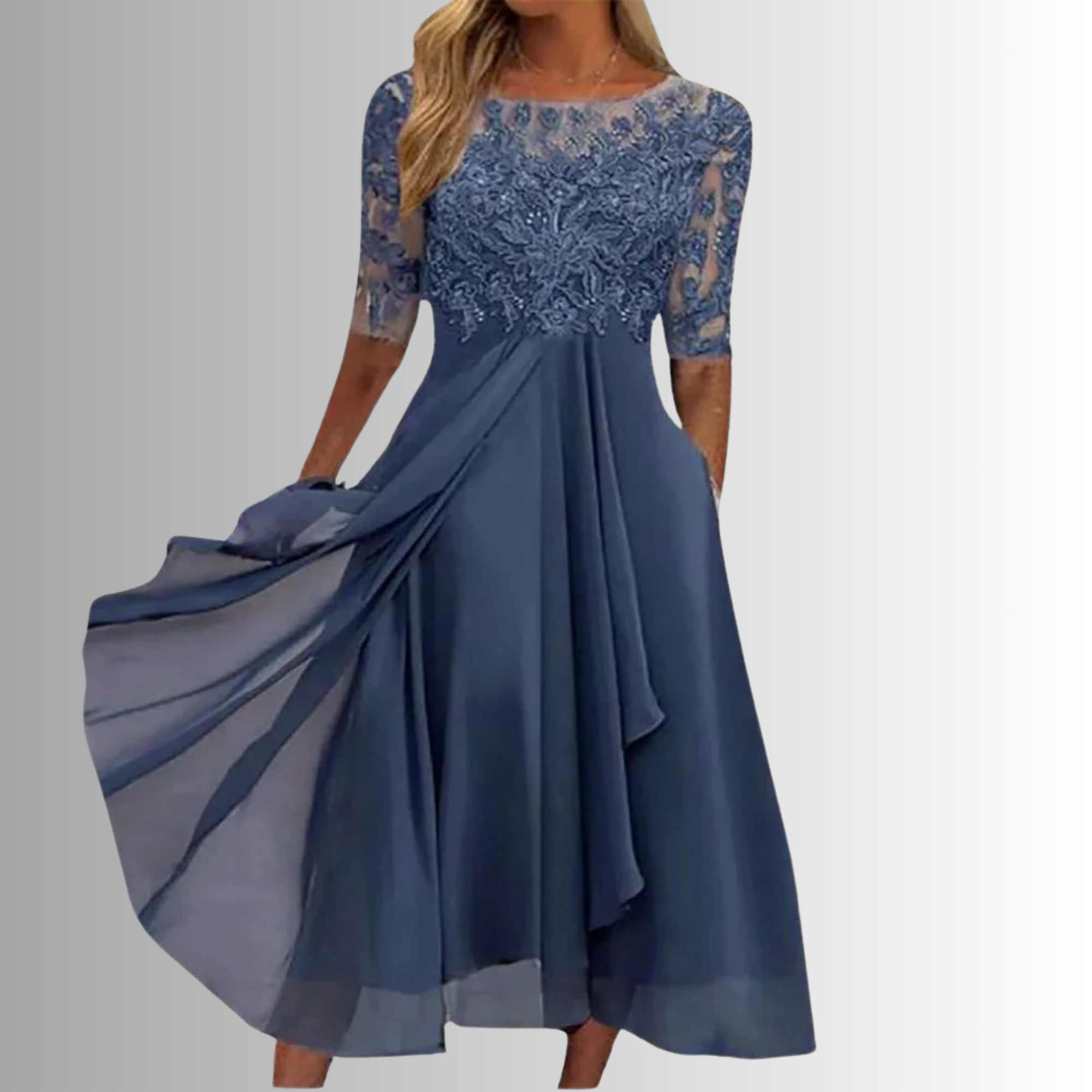 Robe Femme Midi Élégante en Dentelle Manches 3/4 Jupe Mousseline Superposée Formelle Mariage Invitée Mère de la Mariée Cocktail Cérémonie – Rhonda