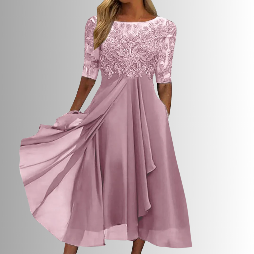 Robe Femme Midi Élégante en Dentelle Manches 3/4 Jupe Mousseline Superposée Formelle Mariage Invitée Mère de la Mariée Cocktail Cérémonie – Rhonda