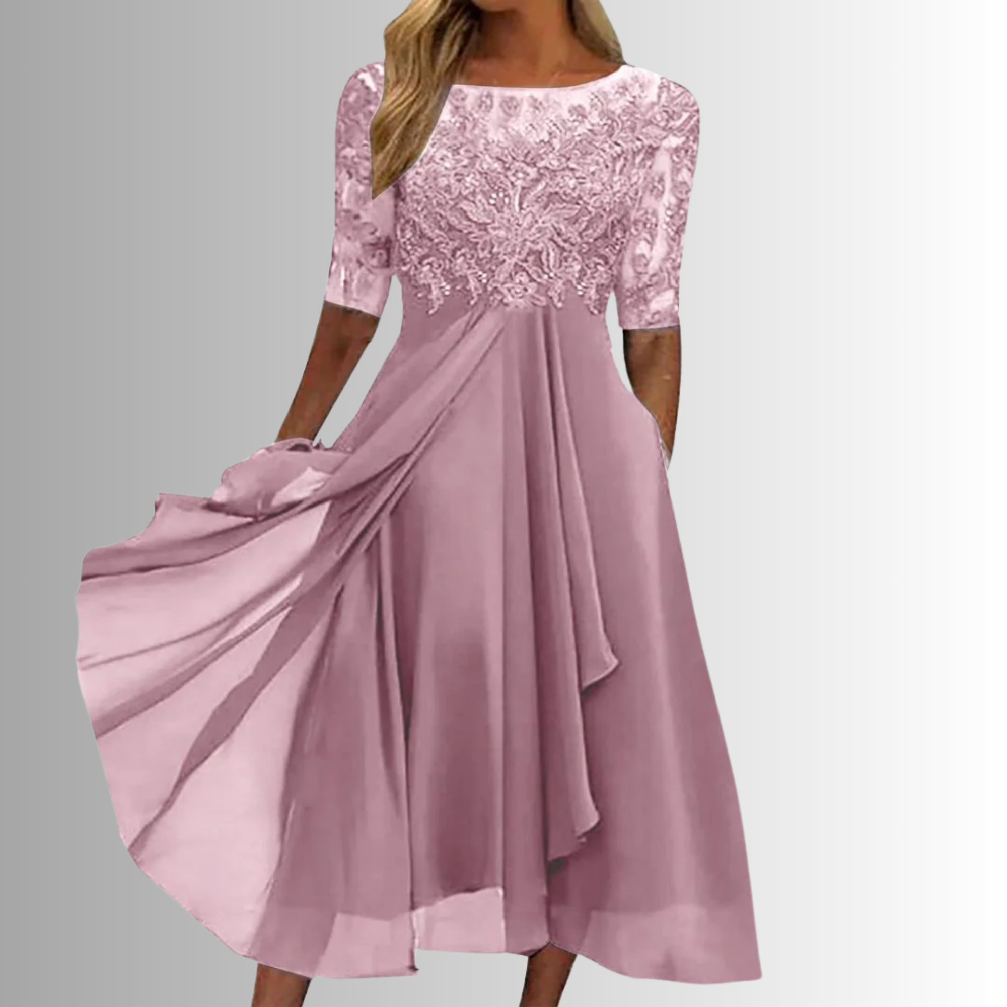 Robe Femme Midi Élégante en Dentelle Manches 3/4 Jupe Mousseline Superposée Formelle Mariage Invitée Mère de la Mariée Cocktail Cérémonie – Rhonda