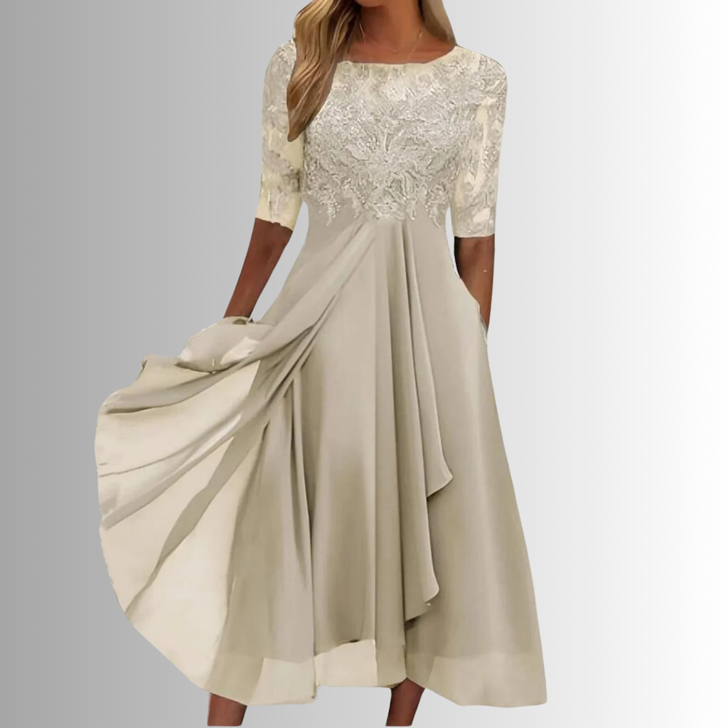Robe Femme Midi Élégante en Dentelle Manches 3/4 Jupe Mousseline Superposée Formelle Mariage Invitée Mère de la Mariée Cocktail Cérémonie – Rhonda