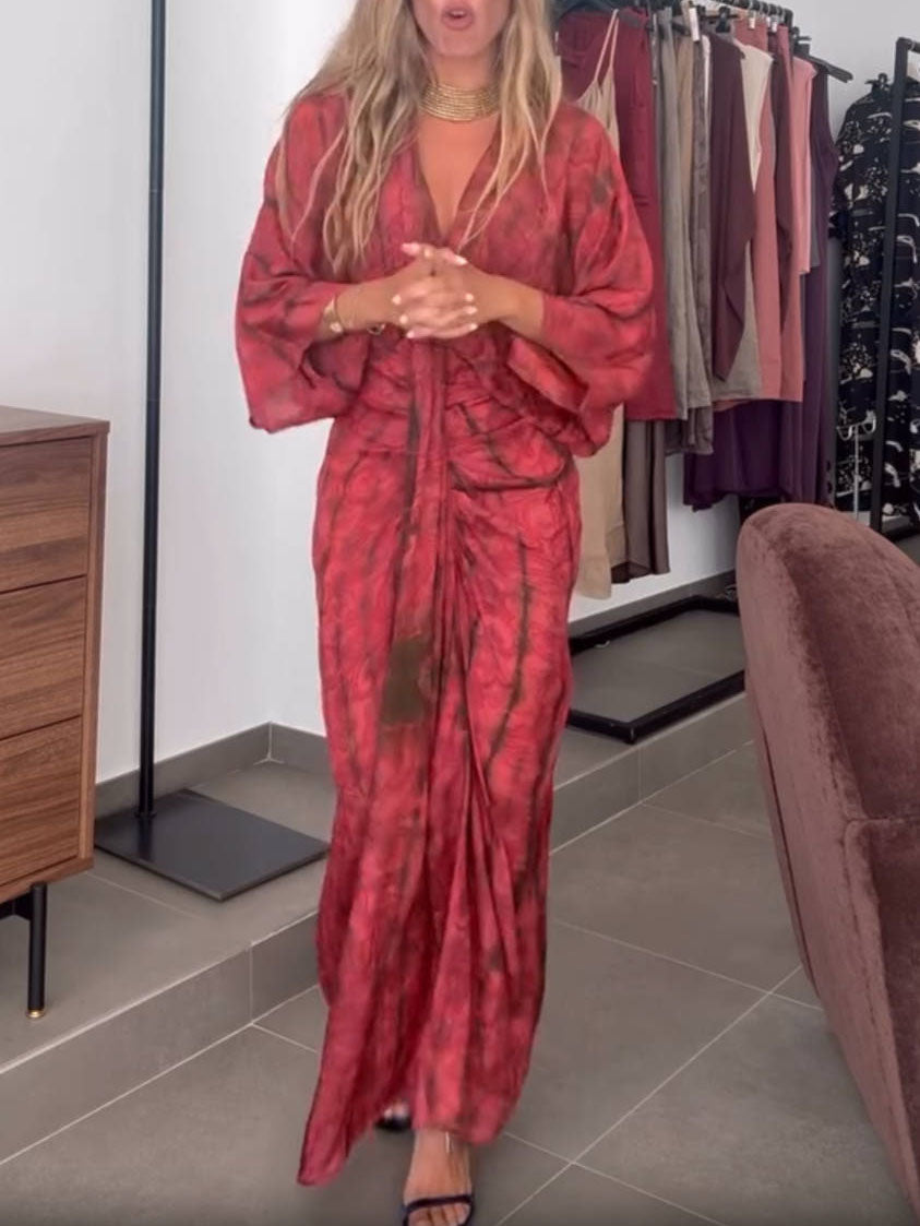 Robe Longue Femme Style Kimono Bohème Portefeuille Tie-Dye Ceinturée Fluide Vacances Garden Summer Casual Chic – Kimonara