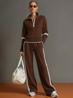 Retro sportieve dames set in twee delen, halve rits sweater, wijde broek met strepen – Grijs wit