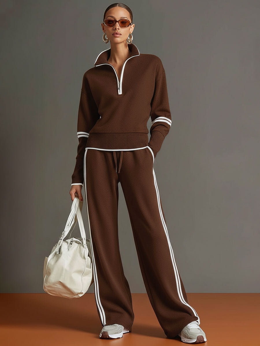 Ensemble Sportif Rétro Femme en Deux Pièces Sweat-Shirt à Demi-Zip Pantalons à Jambes Larges à Rayures – Gris Blanc