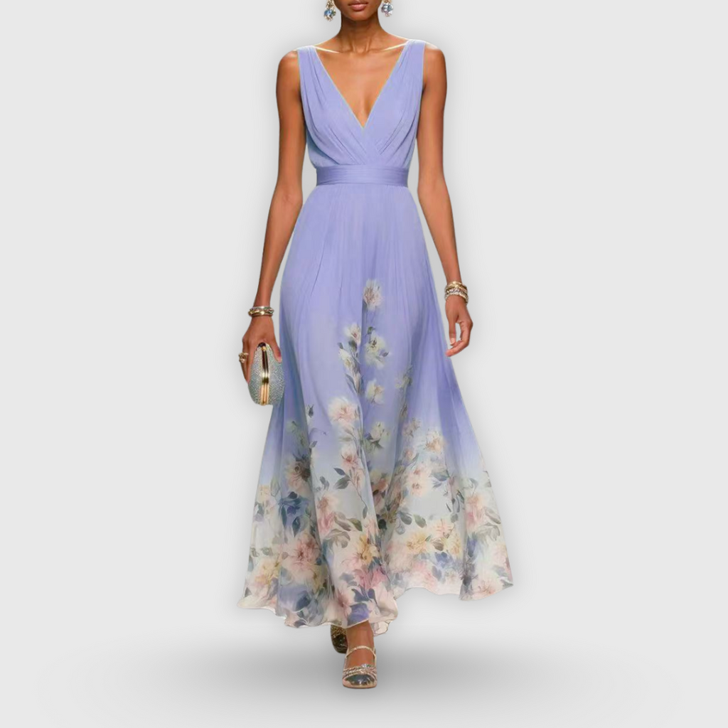Abito midi elegante floreale per donna con scollo a V, senza maniche, fluido, formale, invitata a matrimonio casual – Madeline