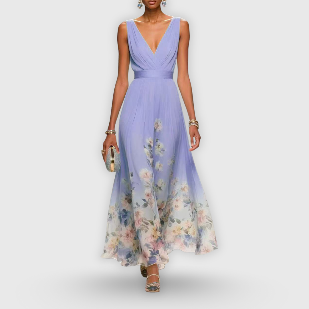 Robe Midi Élegante Fleurie pour Femme Décolleté en V Sans Manches Flottante Formelle Invité de Mariage Décontractée – Madeline