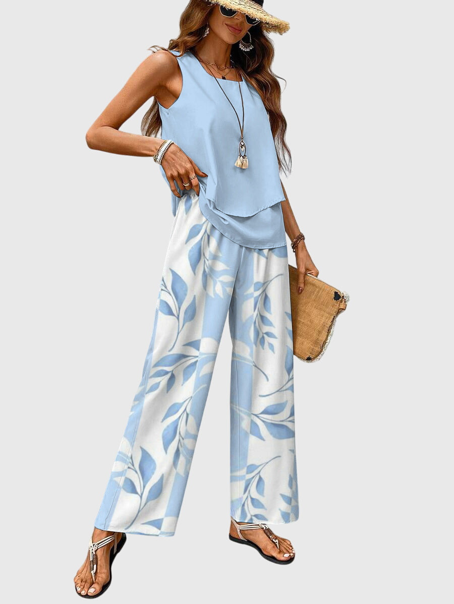Ensemble d'Été Élégant 2 Pièces pour Femmes Haut à Col Carré Pantalons Amples Imprimé Floral Décontracté Chic – Brenda