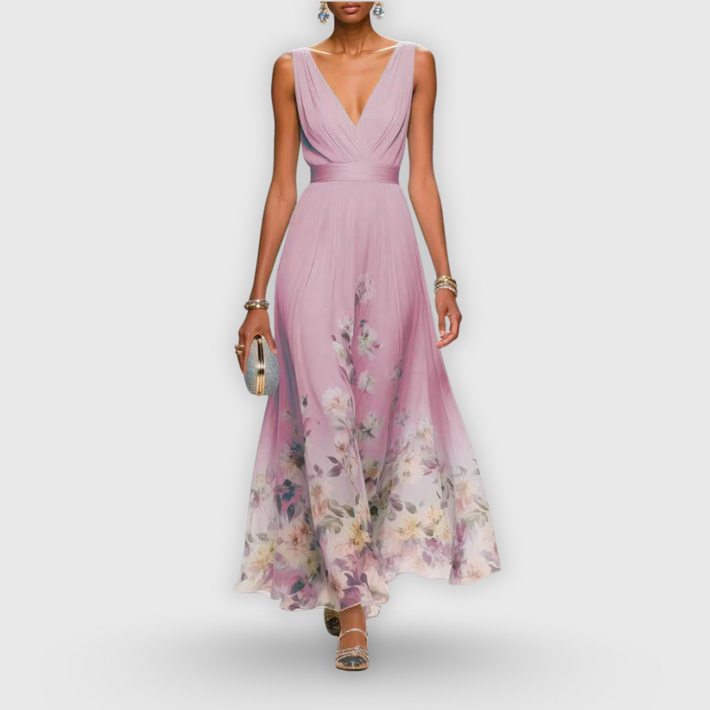 Abito midi elegante floreale per donna con scollo a V, senza maniche, fluido, formale, invitata a matrimonio casual – Madeline