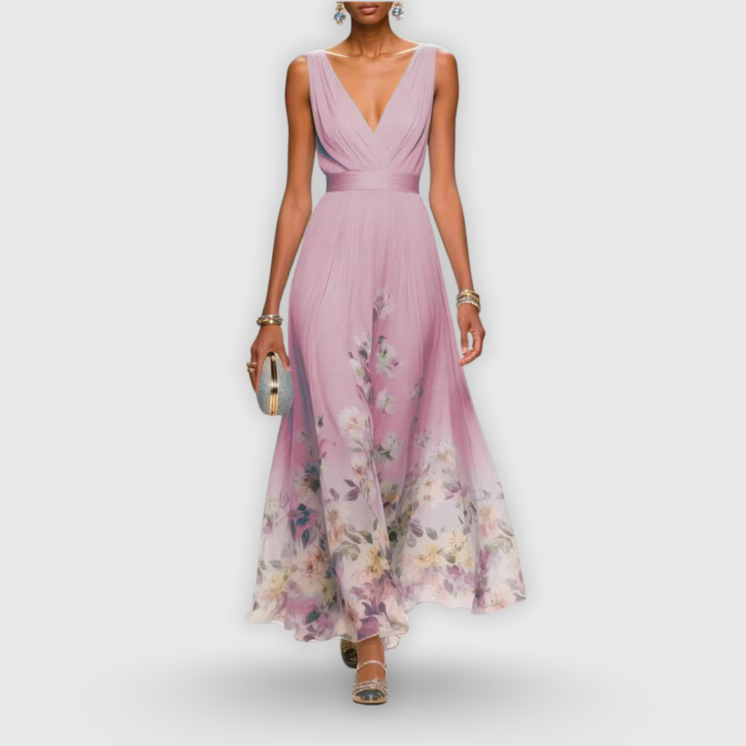 Robe Midi Élegante Fleurie pour Femme Décolleté en V Sans Manches Flottante Formelle Invité de Mariage Décontractée – Madeline