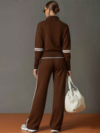 Retro sportieve dames set in twee delen, halve rits sweater, wijde broek met strepen – Grijs wit