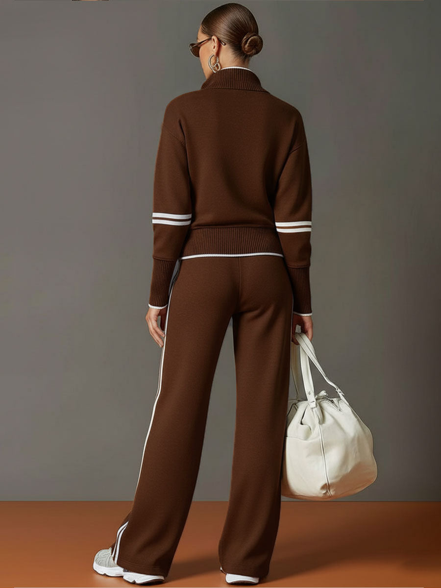 Retro sportieve dames set in twee delen, halve rits sweater, wijde broek met strepen – Grijs wit