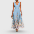 Abito midi elegante floreale per donna con scollo a V, senza maniche, fluido, formale, invitata a matrimonio casual – Madeline