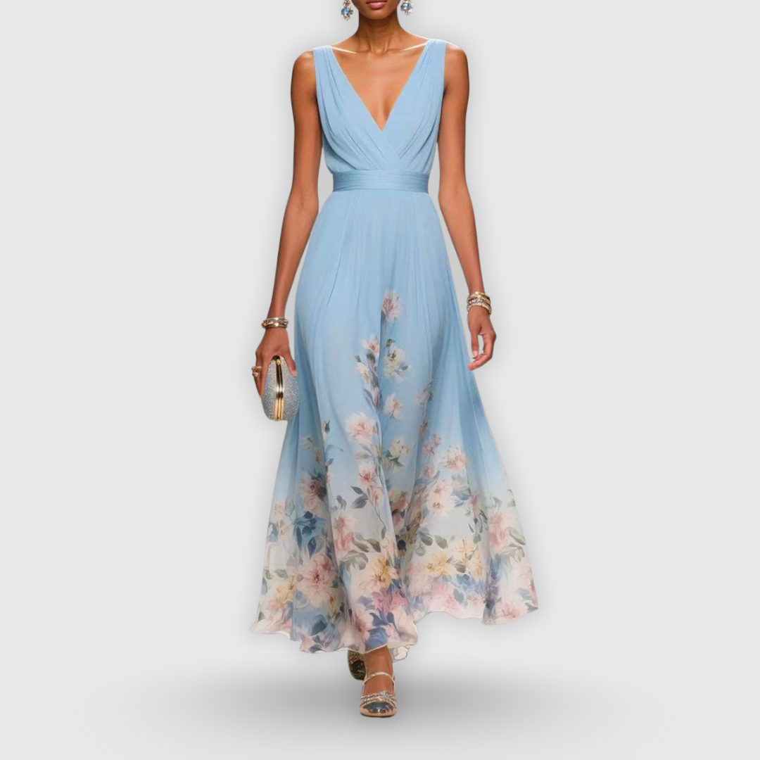 Robe Midi Élegante Fleurie pour Femme Décolleté en V Sans Manches Flottante Formelle Invité de Mariage Décontractée – Madeline