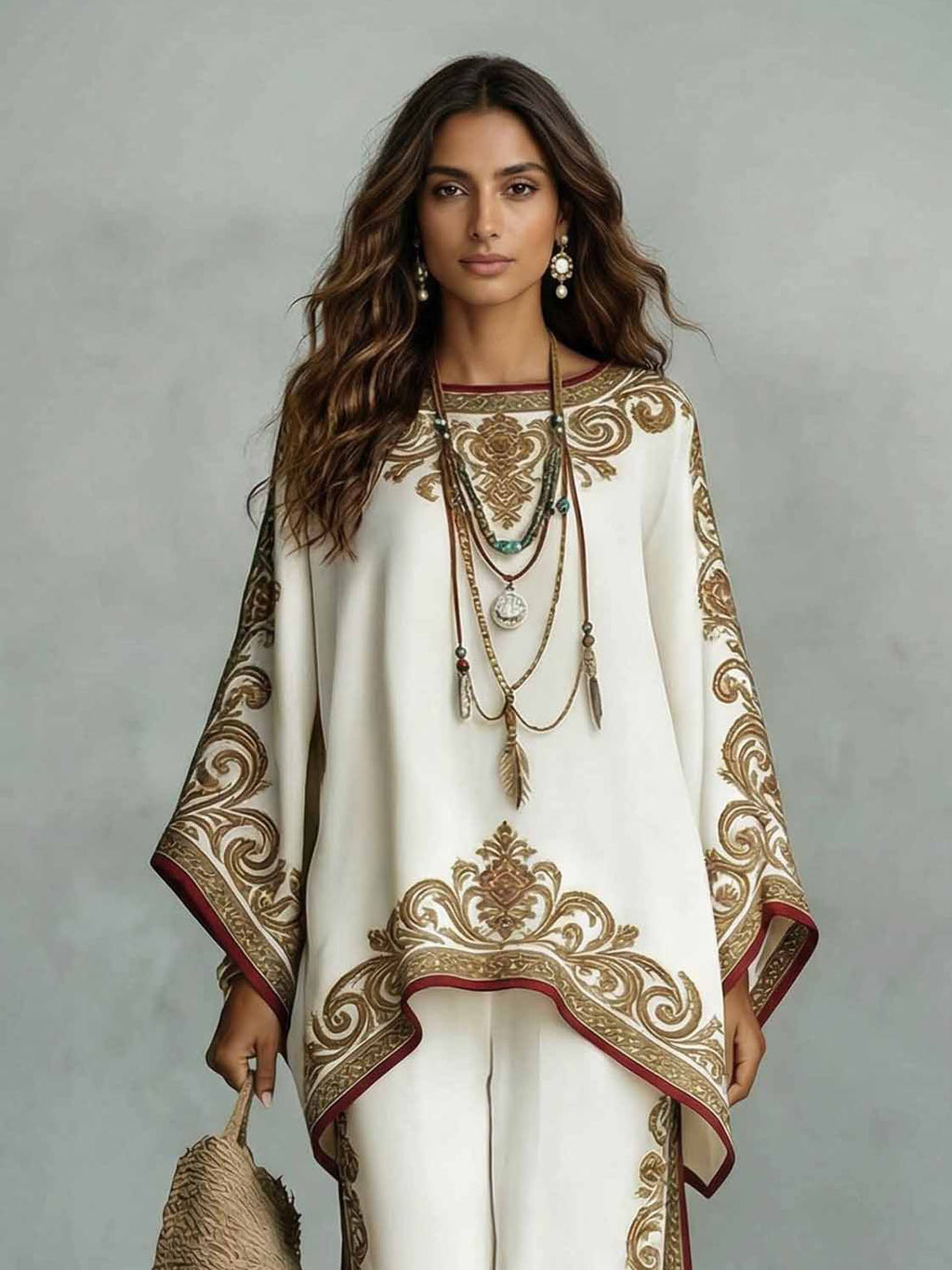 Twee-delig damesensemble satijnen top sjaal oversized print broek wijd soepel casual chique avond vakantie elegant – Satinova