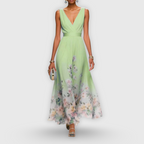 Abito midi elegante floreale per donna con scollo a V, senza maniche, fluido, formale, invitata a matrimonio casual – Madeline