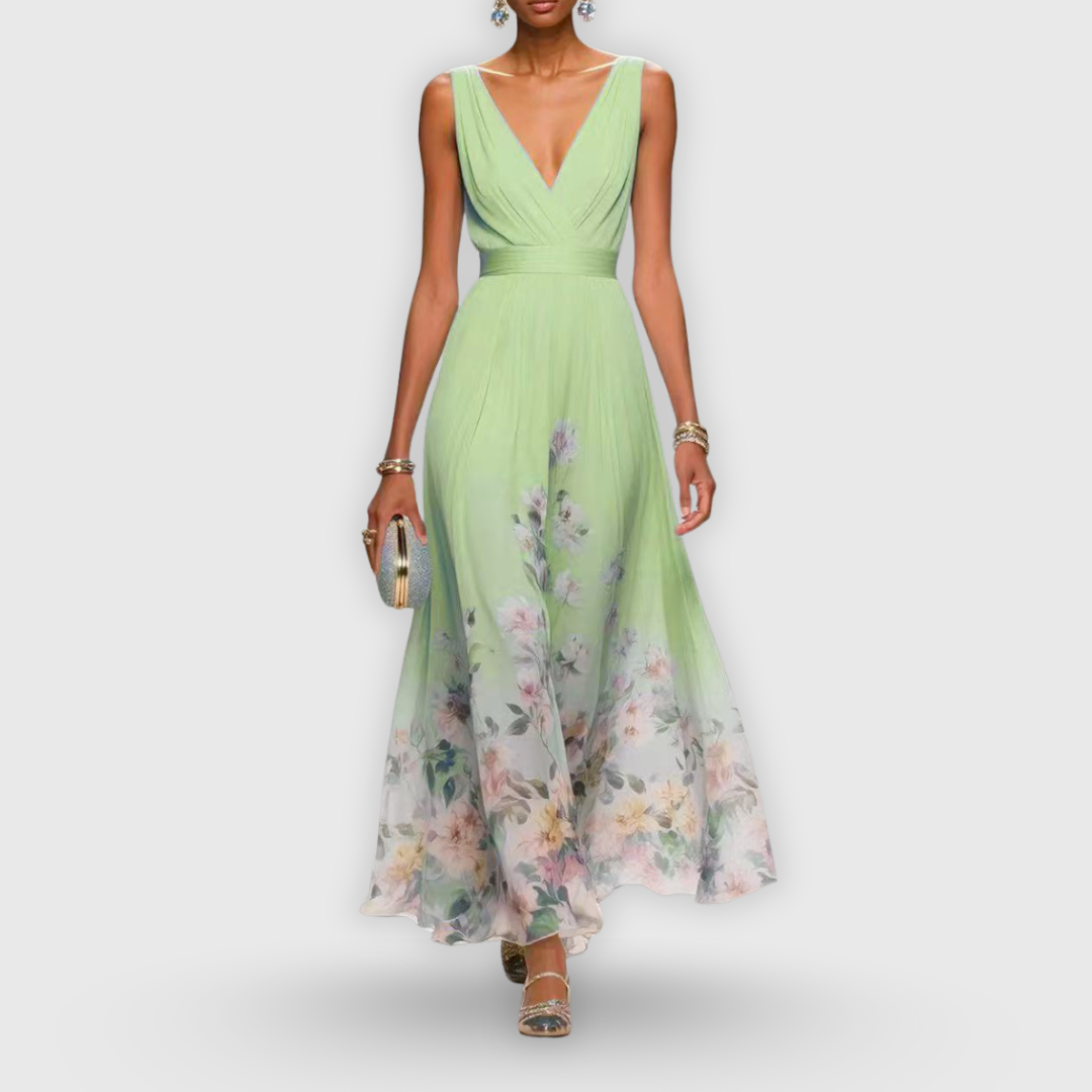 Robe Midi Élegante Fleurie pour Femme Décolleté en V Sans Manches Flottante Formelle Invité de Mariage Décontractée – Madeline