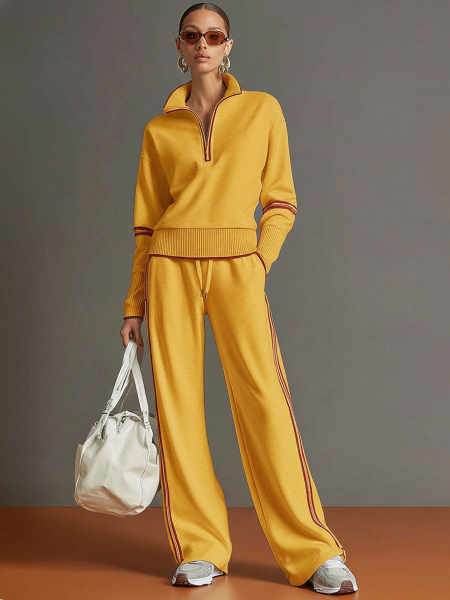 Ensemble Sportif Rétro Femme en Deux Pièces Sweat-Shirt à Demi-Zip Pantalons à Jambes Larges à Rayures – Gris Blanc