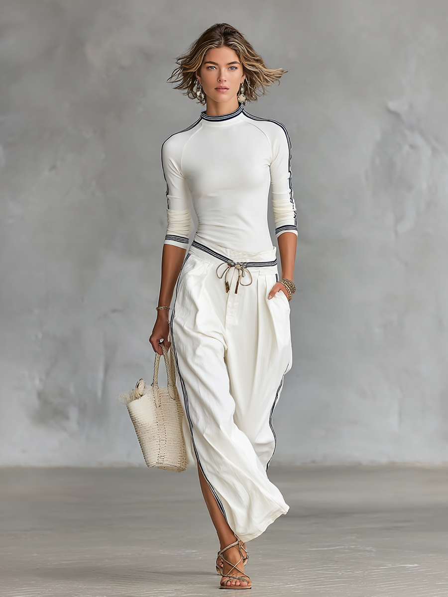 Ensemble de Sport Femme Deux-Pièces Haut à Col Montant Mi-Haut à Manches Longues Pantalon Large à Cordons Décontracté – Blanc