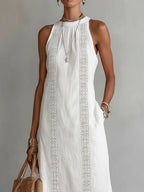 Robe Midi en Lin Minimaliste Rétro Femme Sans Manches Col Haut Détail en Dentelle Décontractée Été Plage Vacances Quotidien – Céleste