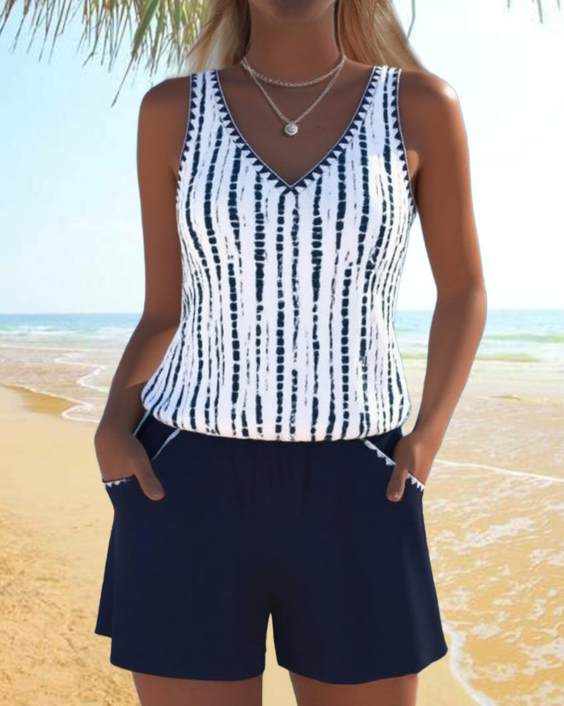 Ensemble Tankini à Rayures avec Poche V-Cou pour Femmes, Short Uni, Plage, Piscine, Vacances, Resort, Décontracté, Été, Actif – Nautica