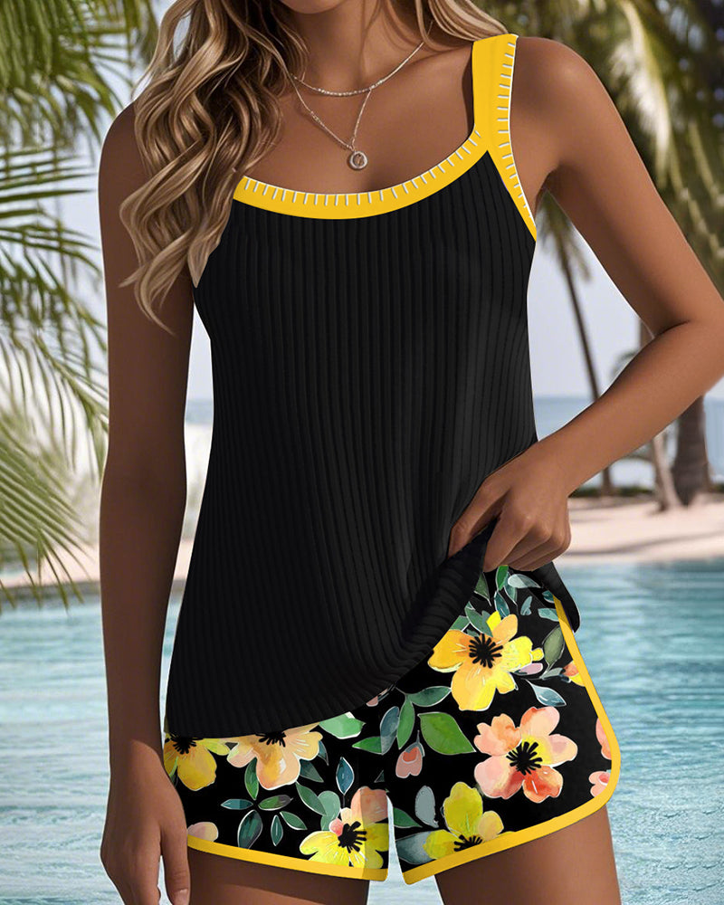 Ensemble de Tankini Femme à Deux Pièces Imprimé Floral avec Short Dos Nu pour Plage, Vacances, Piscine, Été, Station Balnéaire – Soleil