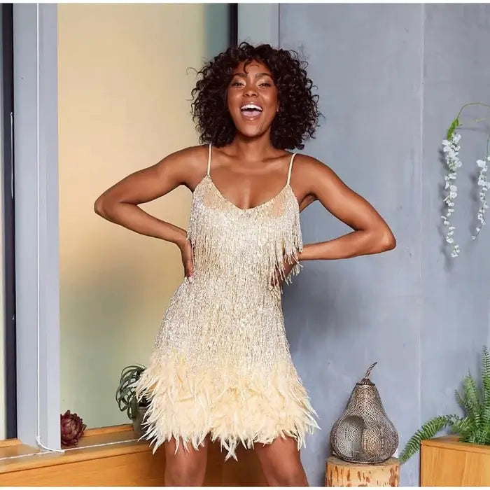 Robe Mini Élégante en Sequins avec Plumes Roses à Bretelles Spaghetti pour Soirée Cocktail