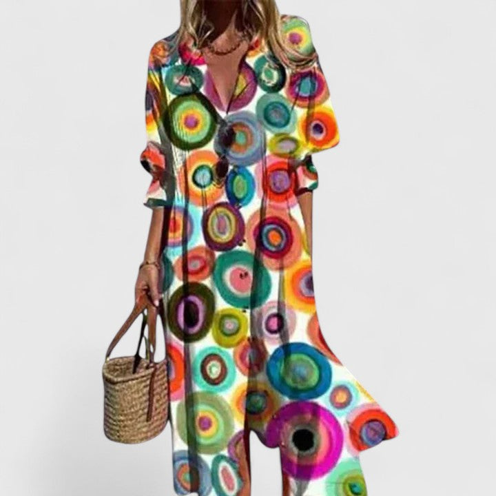 Robe Midi Été Élégante Boho Florale pour Femmes Imprimé Audacieux Sans Manches Fluide Décontractée – Paula