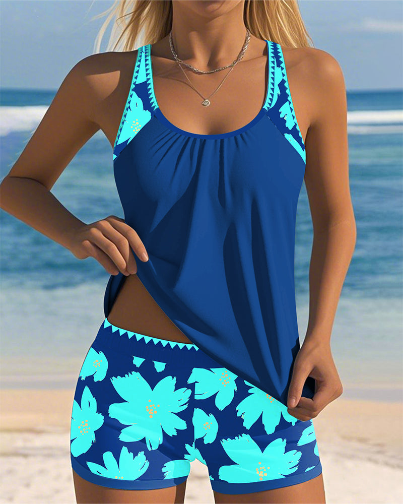 Ensemble Tankini Floral à Encolure U Sans Manches avec Short Boxer pour Femmes – Paradiso