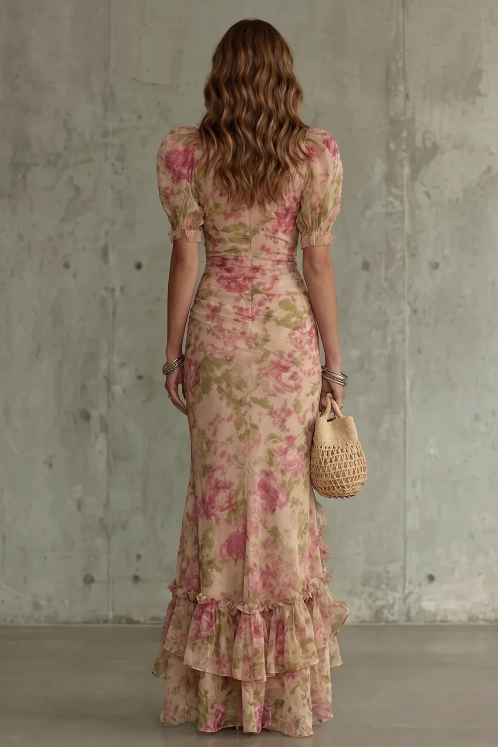 Vestido largo floral vintage mangas abullonadas cuello alto corsé ajustado dobladillo volante poliéster mujer elegante boda jardín fiesta – Roselique