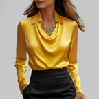 Blouse en Satin Drapé à Col Bateau à Manches Longues pour Femmes Bureau Soirée Élégante Silky Formelle – Rose