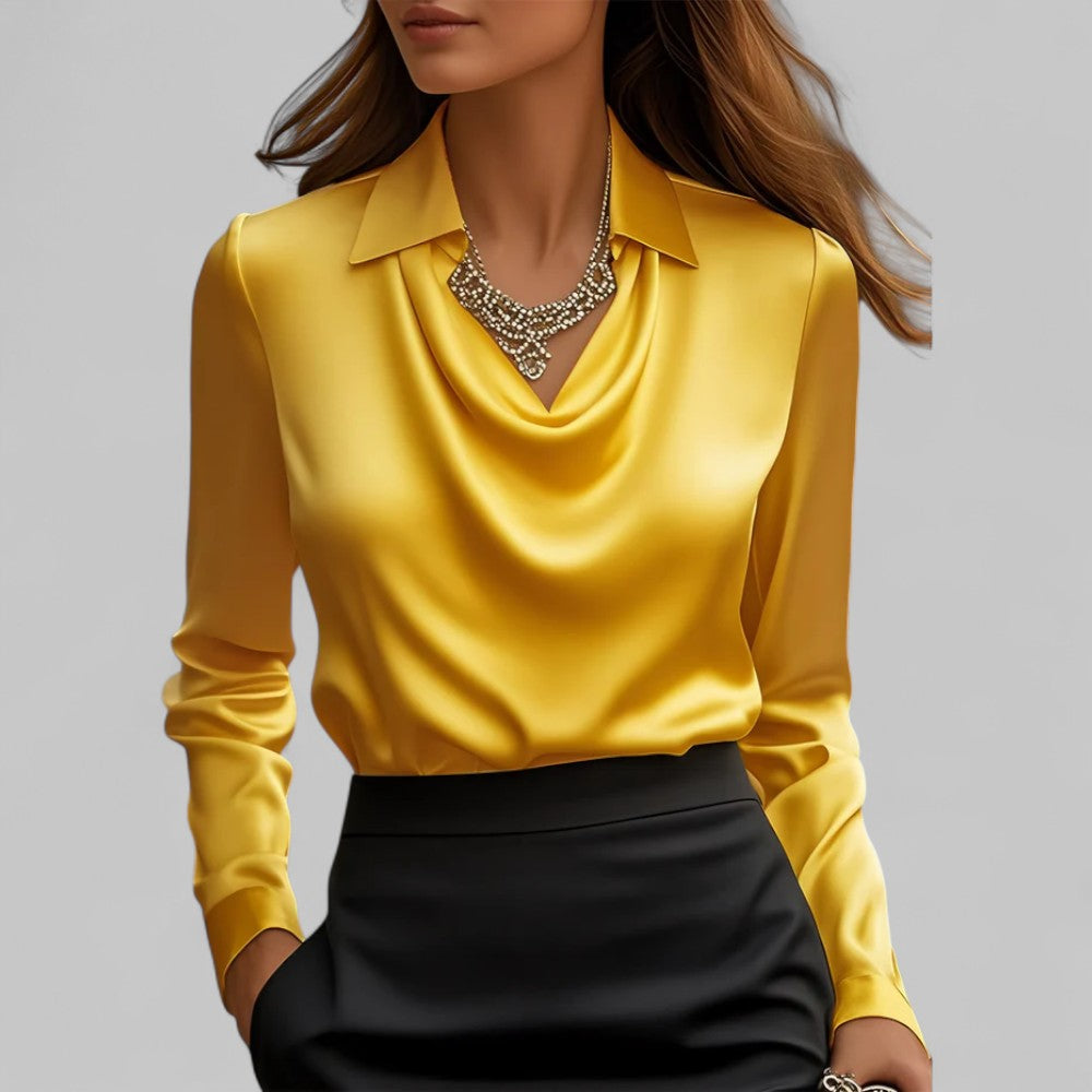 Blusa de satén drapeado con cuello barco y mangas largas para mujer, elegante para oficina y noche, formal y sedosa – Rosa