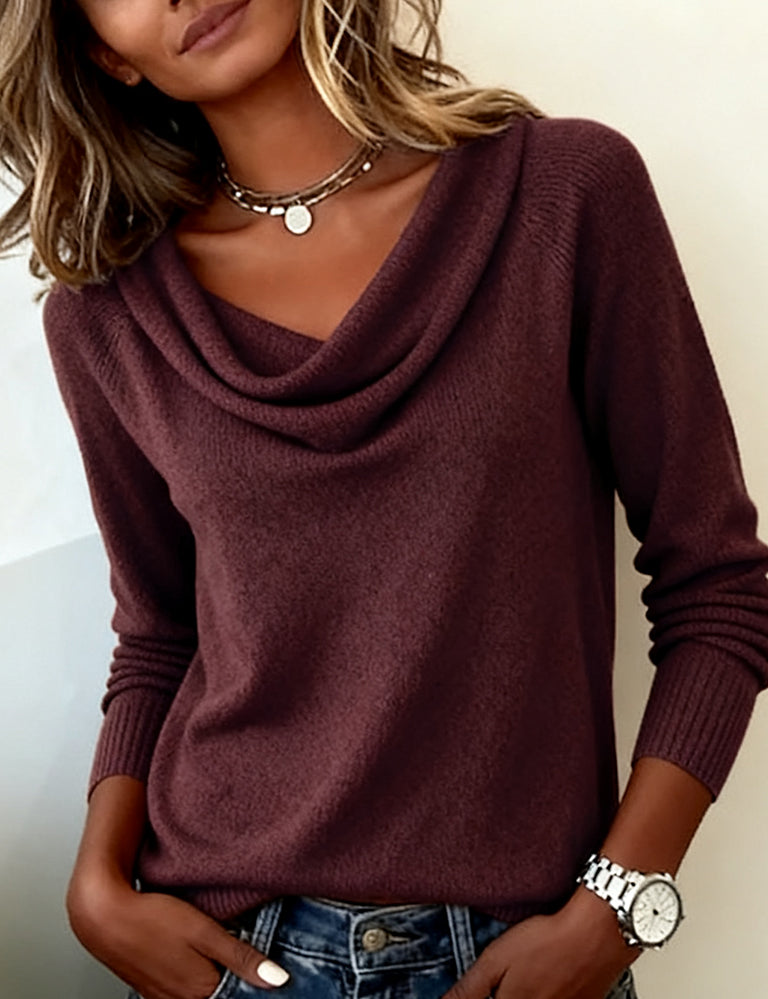 Maglione con collo a scialle per donna a maniche lunghe, casual, quotidiano, lavoro, smart casual, morbido e confortevole – Cassia