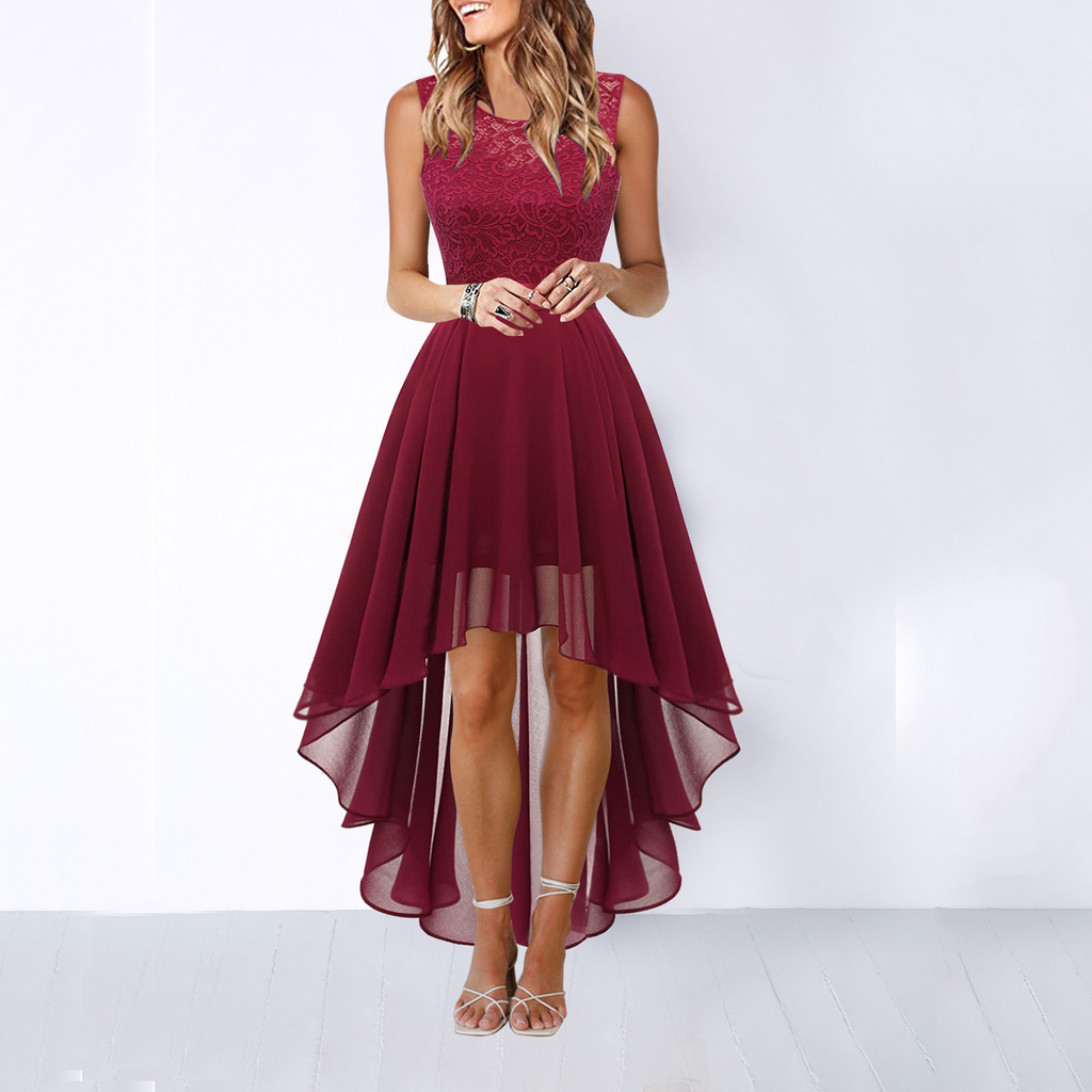 Robe de Mariage Formelle Femme Hi-Low Midi Sans Manches Fluide Élégante